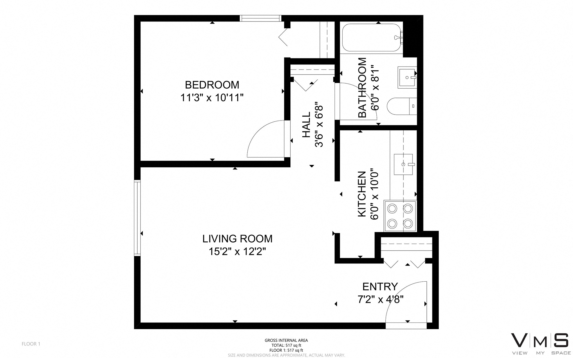 Floor plan for 1 bed, 1 bath, 529 sqft